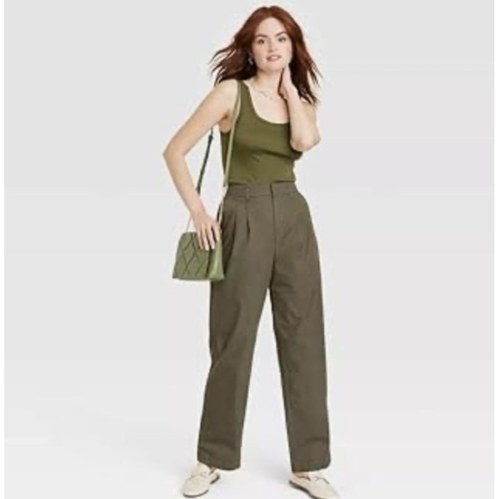 A New Day Olive Green High Rise Pleated Straight Leg Trouser Pants career 4 NWOT